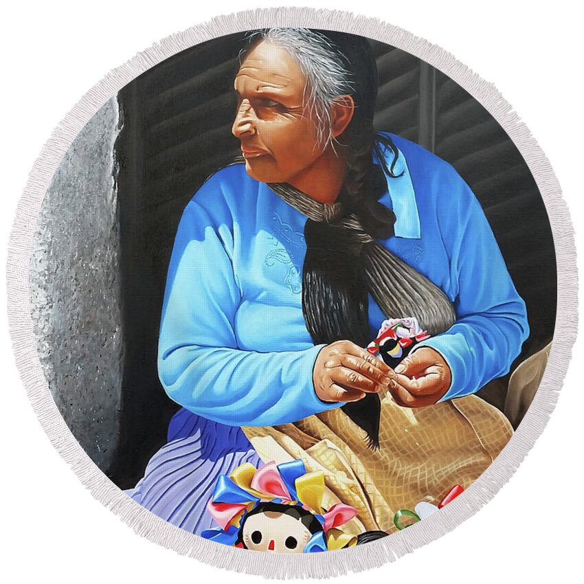 Doll Maker Round Beach Towel featuring the painting The Doll Maker From Cabo by Vic Ritchey