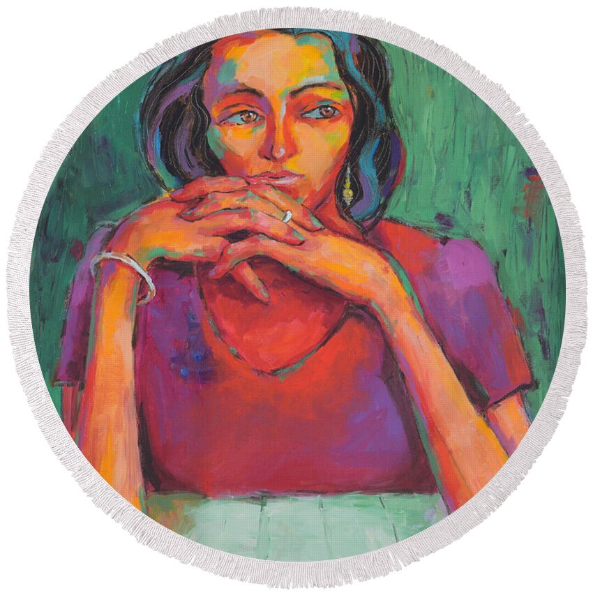 Original Painting Round Beach Towel featuring the painting The Dreamer by Jyotika Shroff