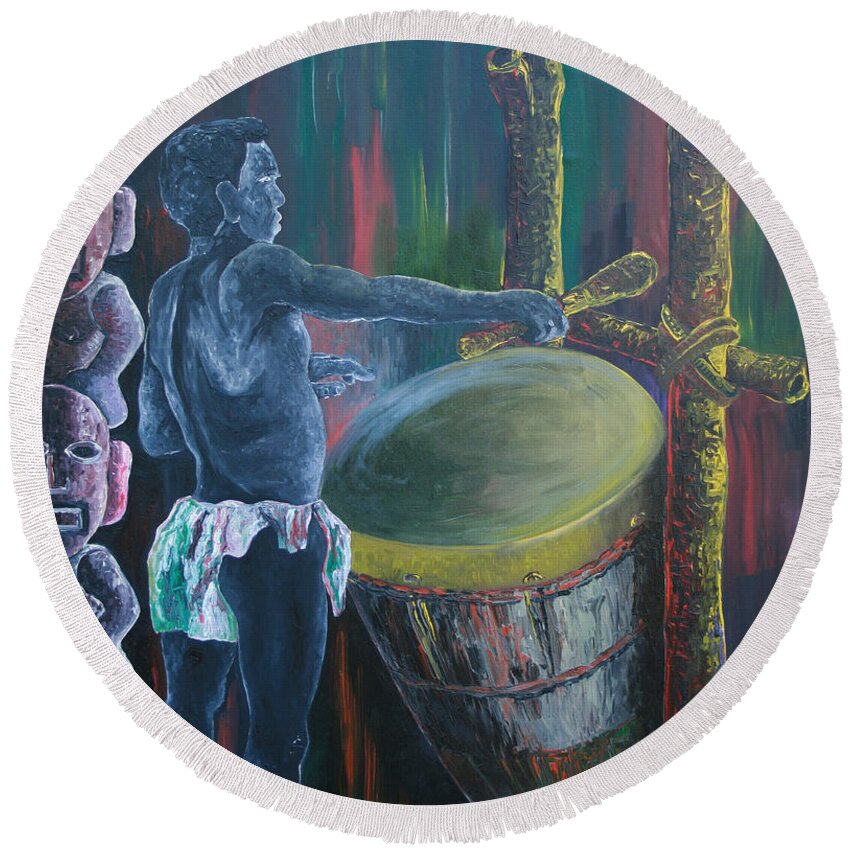 The Drummer Round Beach Towel featuring the painting The Drummer by Obi-Tabot Tabe