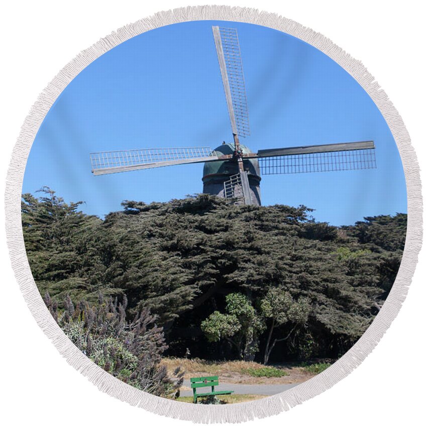 Wingsdomain Round Beach Towel featuring the photograph The Dutch Windmill San Francisco Golden Gate Park San Francisco California 5D3256 by Wingsdomain Art and Photography