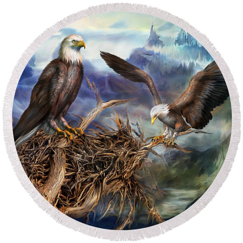 Eagle Round Beach Towel featuring the mixed media The Eagle's Nest by Carol Cavalaris
