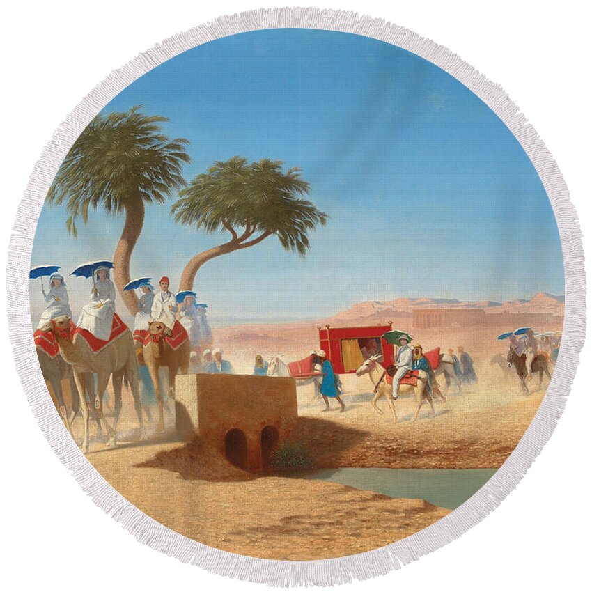 Blue Round Beach Towel featuring the painting The Empress Eugenie Visiting the Pyramids by Charles Theodore Frere