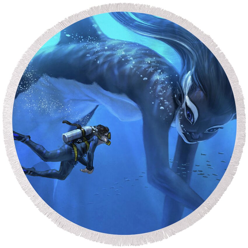 Mermaid Merwhale Fantasy Marine Round Beach Towel featuring the digital art The Encounter by Aaron Blaise