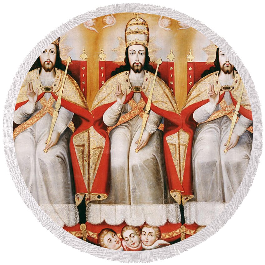 Cuzco School Round Beach Towel featuring the painting The Enthroned Trinity as Three Identical Figures by Cuzco School
