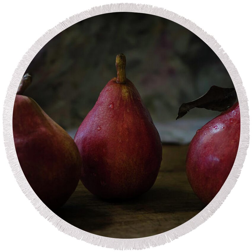 #fineartohotography- #stilllife #pears - #redpears - #raeannmgarrett - 3beautiful - #oldmasters - Old Masters Photography - International Artist - Fine Art Photography Of Rae Ann M. Garrett - Still Lives Images Of Pears For Pear Lovers - Red Pears Round Beach Towel featuring the photograph The Escape - the pear saga by Rae Ann M Garrett