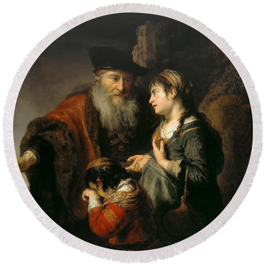 Govert Flinck Round Beach Towel featuring the painting The Expulsion of Hagar by Govert Flinck