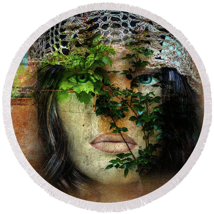 Face Round Beach Towel featuring the digital art The face with the green leaves by Gabi Hampe