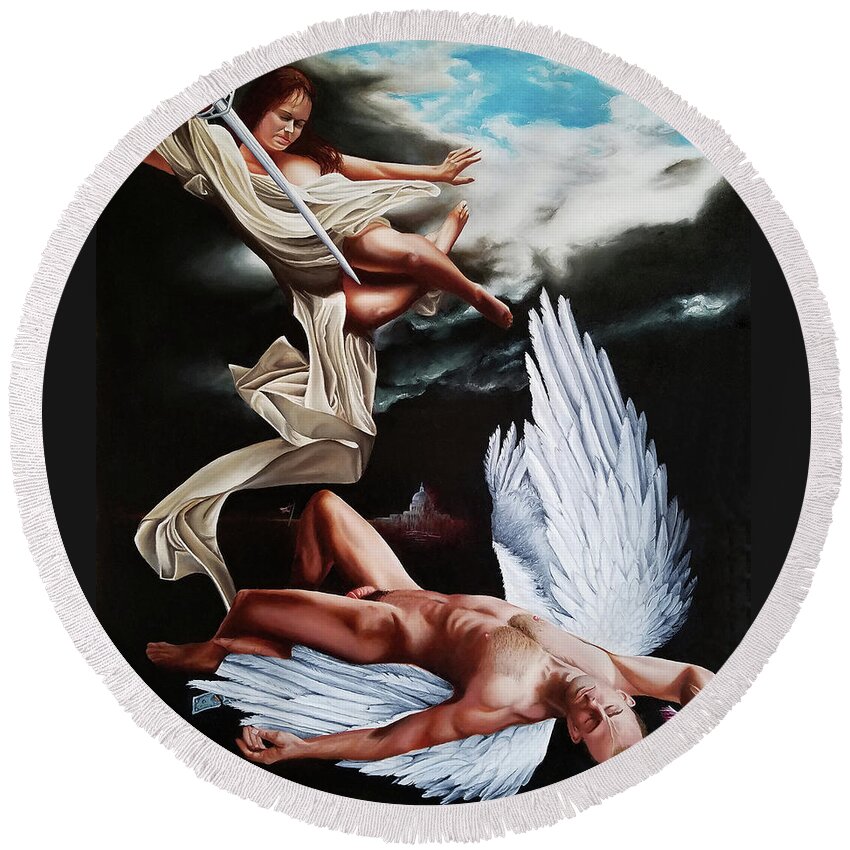 Angels Round Beach Towel featuring the painting The Fallen by Vic Ritchey