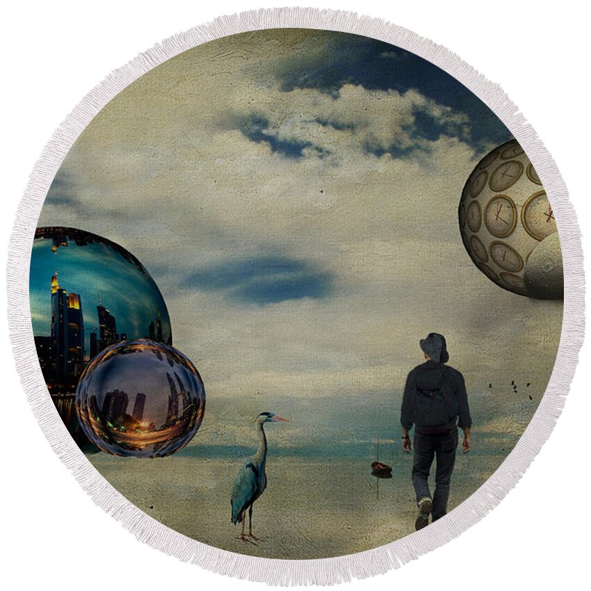 Surreal Round Beach Towel featuring the digital art The first step ... by Chris Armytage
