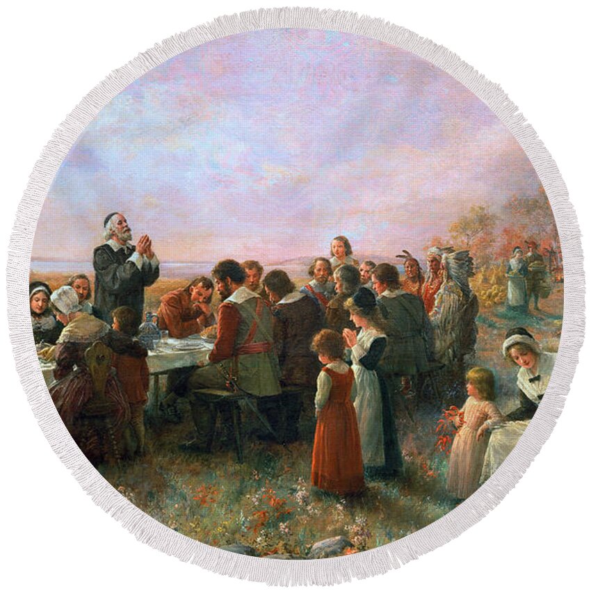 1621 Round Beach Towel featuring the painting The First Thanksgiving by Granger