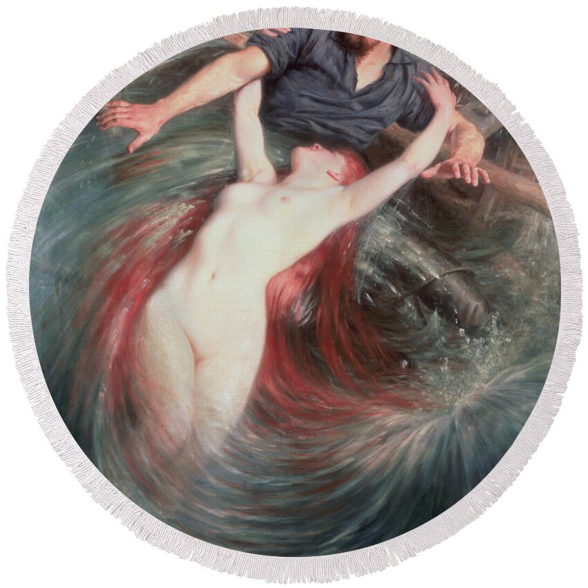 The Round Beach Towel featuring the painting The Fisherman and the Siren by Knut Ekvall
