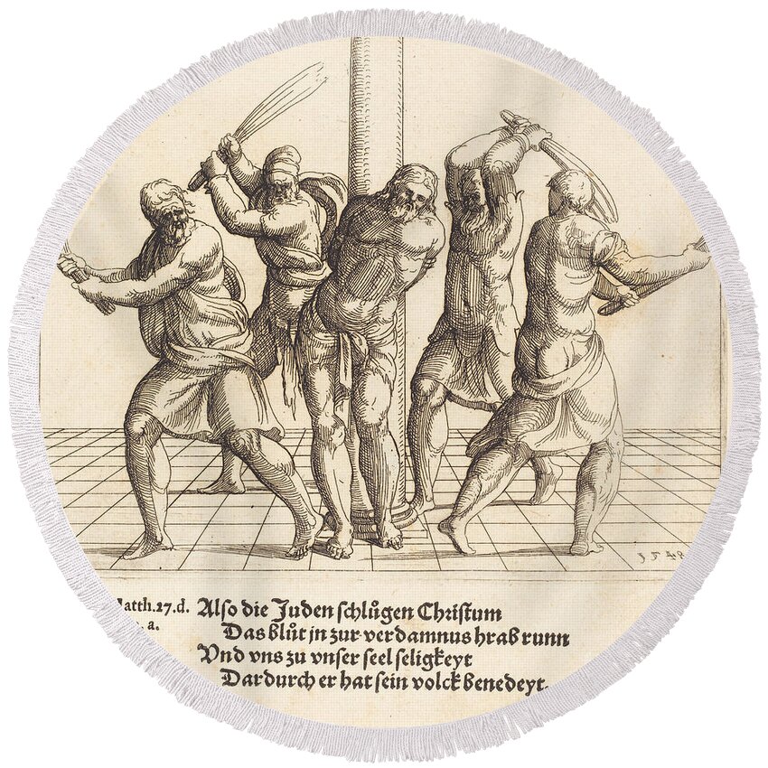  Round Beach Towel featuring the drawing The Flagellation by Augustin Hirschvogel