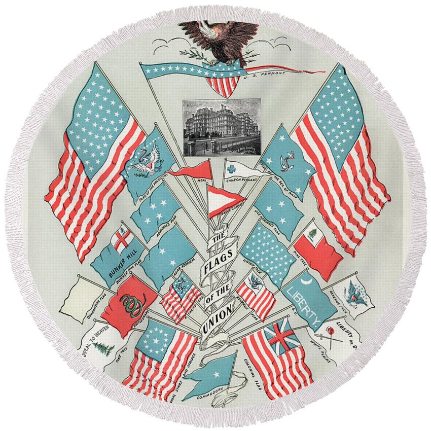 Admiral Round Beach Towel featuring the drawing The Flags of the Union by Vincent Monozlay
