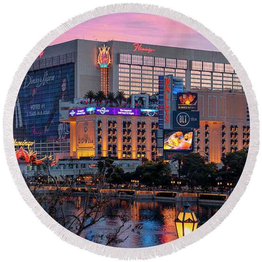 The Flamingo Round Beach Towel featuring the photograph The Flamingo Casino at Dawn 2 to 1 Ratio by Aloha Art