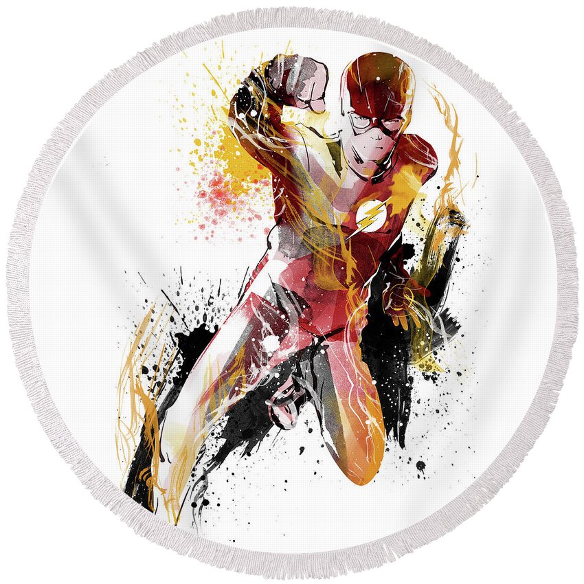 The Flash Round Beach Towel featuring the painting The Flash by Unique Drawing