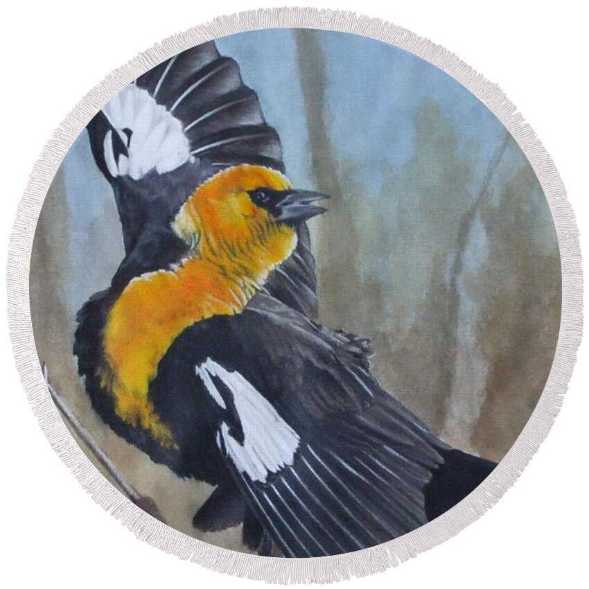 Yellow Headed Blackbird Round Beach Towel featuring the painting The Flirt by Barbara Keith