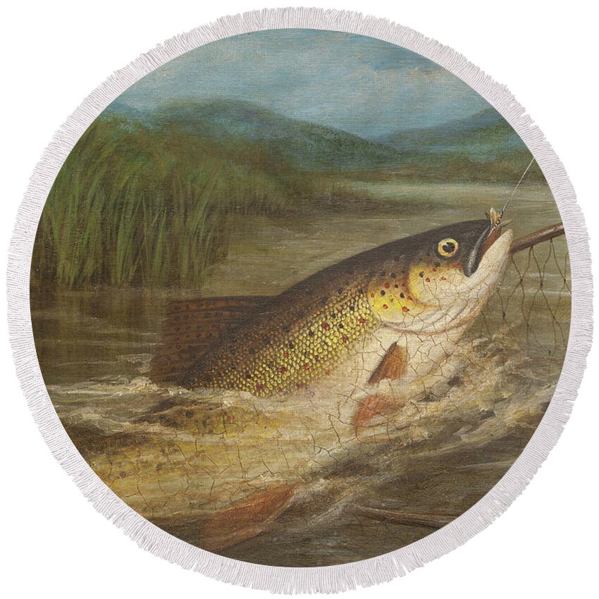 Fish Round Beach Towel featuring the painting The fly fisherman's net by A Roland Knight