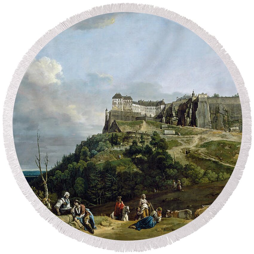 Bernardo Bellotto Round Beach Towel featuring the painting The Fortress of Konigstein by Bernardo Bellotto