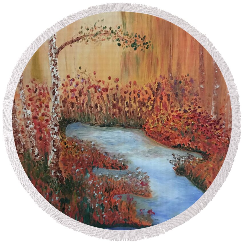 Water Round Beach Towel featuring the painting The Four Seasons of the 3 Birch Trees - Fall by Susan Grunin