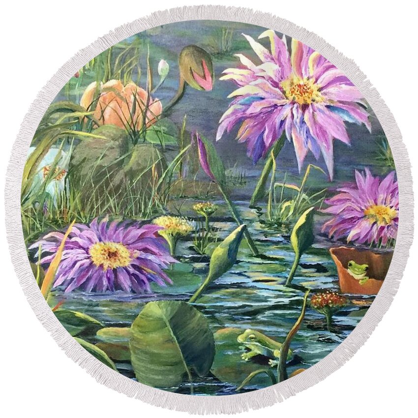 Frogs Round Beach Towel featuring the painting The Frog Pond by Jane Ricker