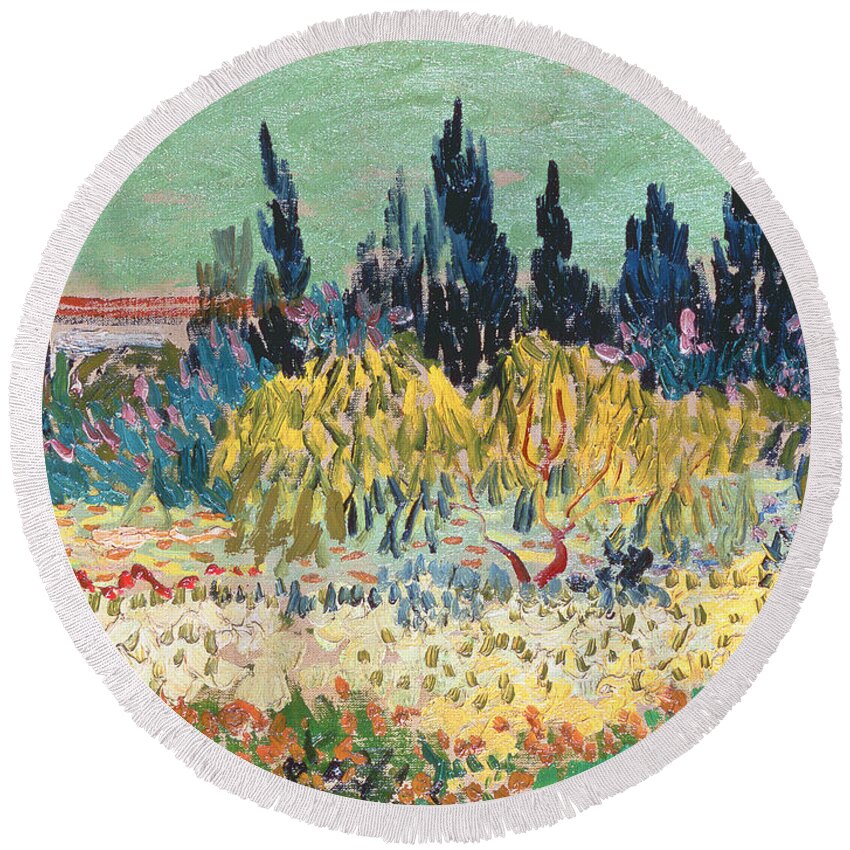 Garden In Bloom Round Beach Towel featuring the painting The Garden at Arles by Vincent Van Gogh by Vincent Van Gogh