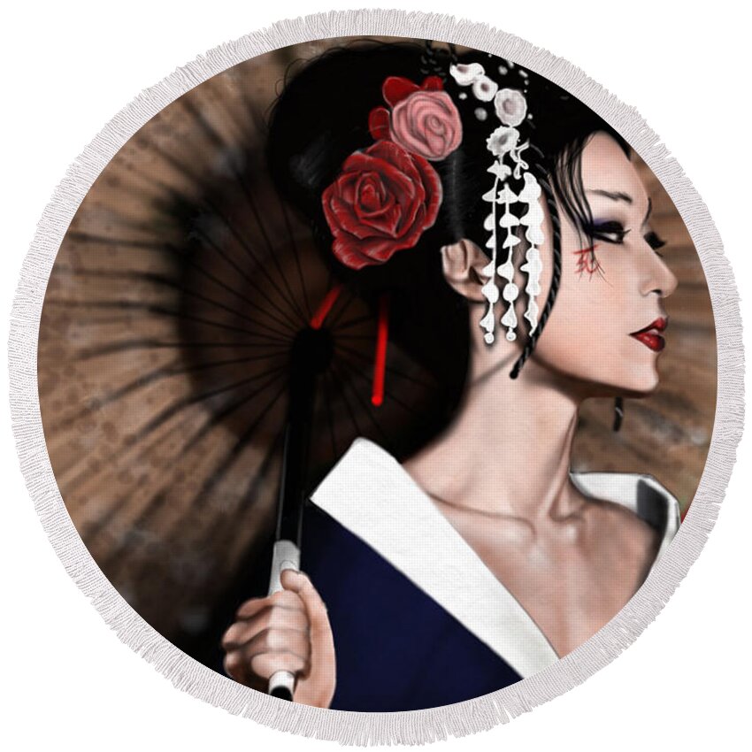  Round Beach Towel featuring the painting The Geisha by Pete Tapang