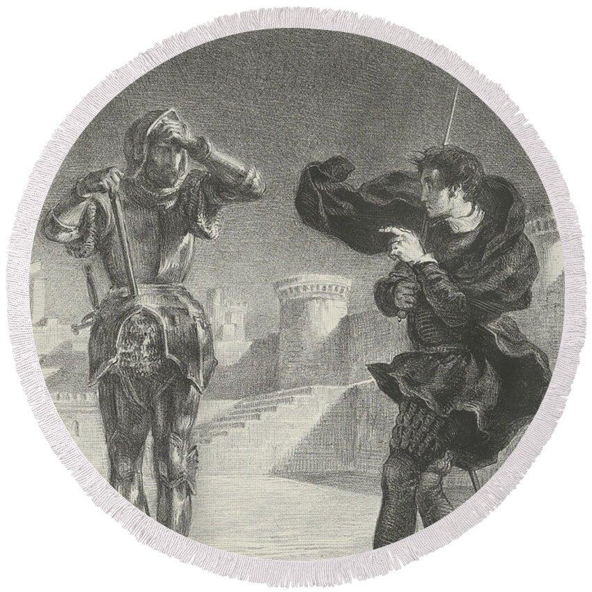 19th Century Art Round Beach Towel featuring the relief The Ghost on the Terrace by Eugene Delacroix