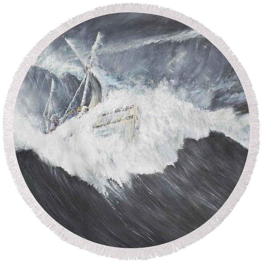 Boat Round Beach Towel featuring the painting The Gigantic Wave by Vincent Alexander Booth