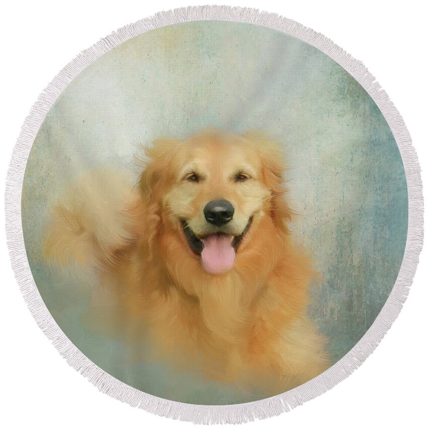 Golden Retriever Round Beach Towel featuring the mixed media The Golden by Colleen Taylor