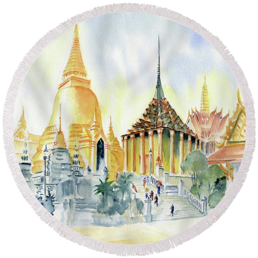 The Grand Palace Bangkok Round Beach Towel featuring the painting The Grand Palace Bangkok by Melly Terpening