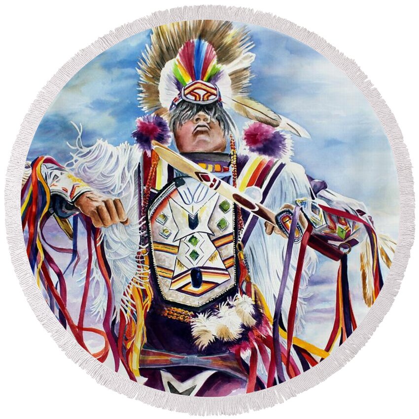 Native American Round Beach Towel featuring the painting The Grass Dancer by Debbie Hart