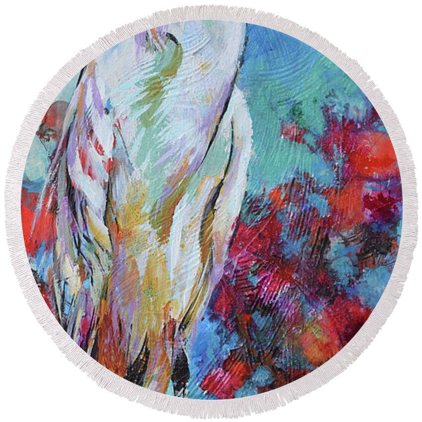 Great White Egret Round Beach Towel featuring the painting The Great Egret by Jyotika Shroff