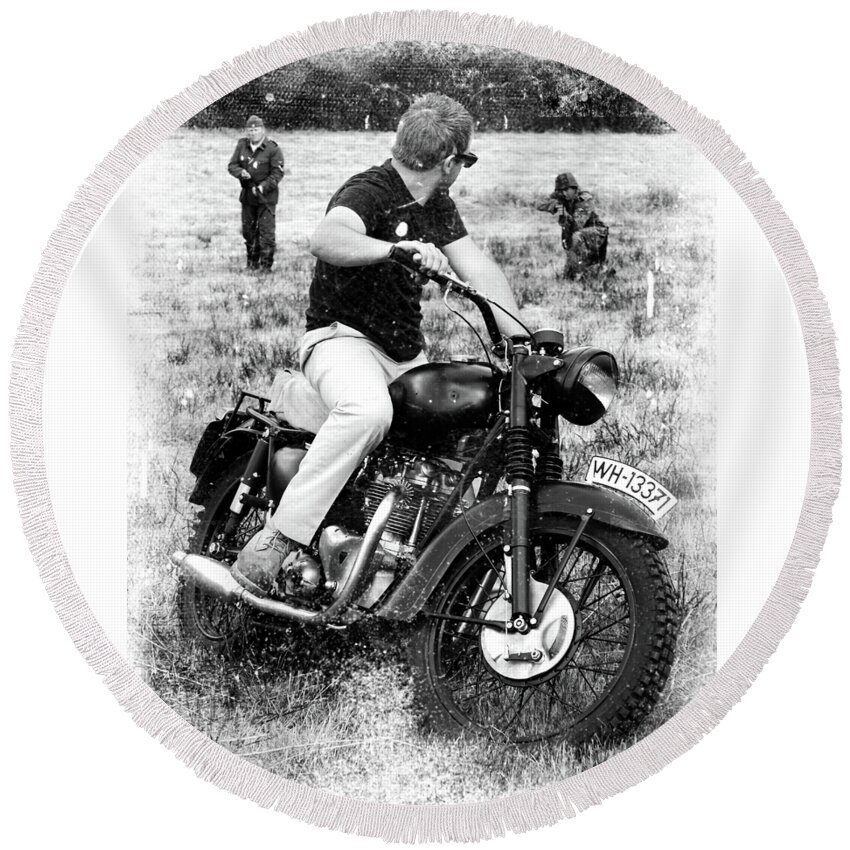Triumph Round Beach Towel featuring the photograph The Great Escape by Mark Rogan