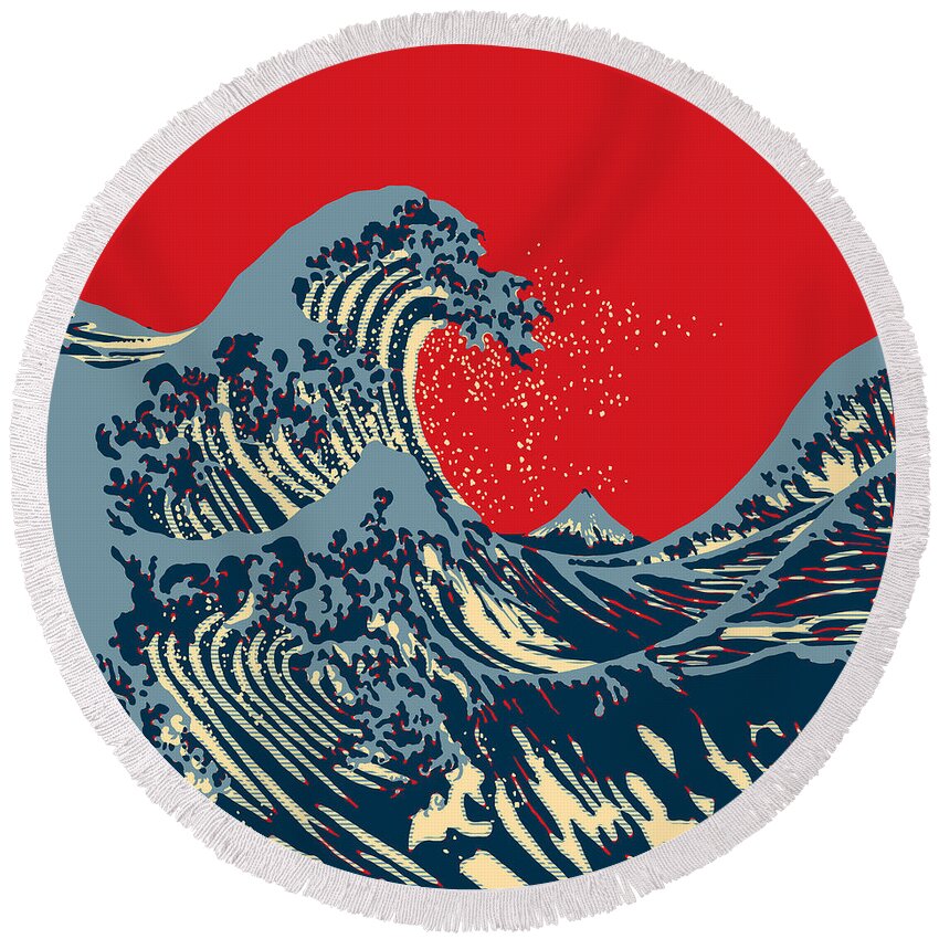 Wave Round Beach Towel featuring the digital art The Great Hokusai Wave Hope Style Graphic by Garaga Designs