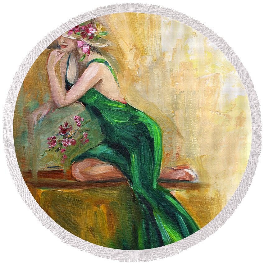 Woman In Dress Round Beach Towel featuring the painting The Green Charmeuse by Jennifer Beaudet
