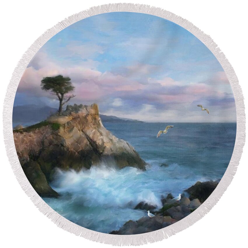 The Lone Cypress Round Beach Towel featuring the mixed media The Gritty Lone Cypress Tree by Colleen Taylor