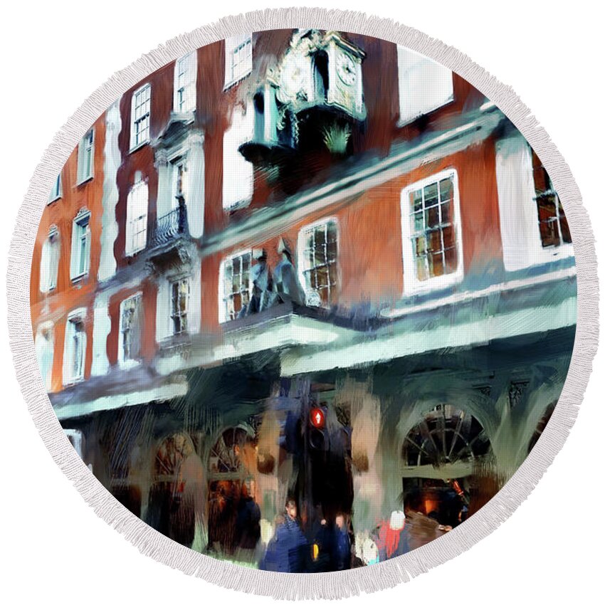 London Round Beach Towel featuring the digital art The Grocer - Fortnum and Mason by Nicky Jameson