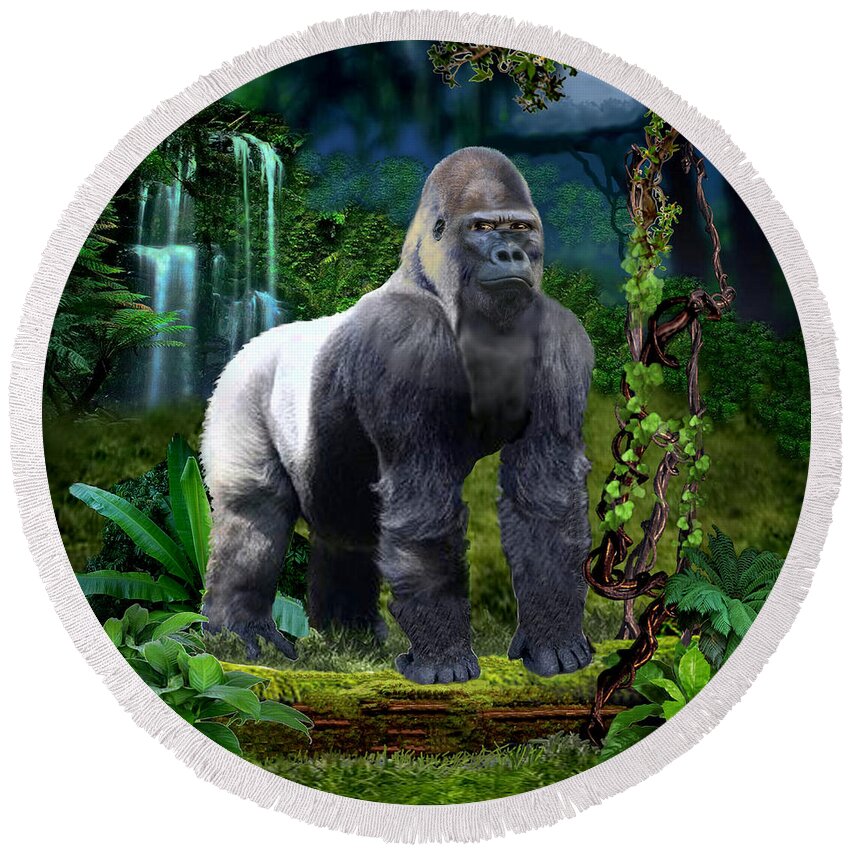 Silverback Gorilla Round Beach Towel featuring the digital art The Guardian of the Rain Forest by Glenn Holbrook