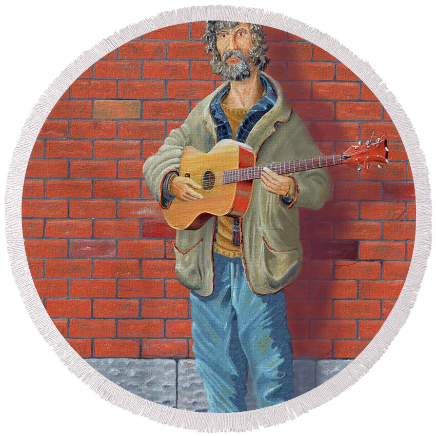 Guitarist Homeless Lost Hungry Cold Sick Lonely Angry Confused Forgotten Round Beach Towel featuring the painting The Guitarist by Gary Giacomelli