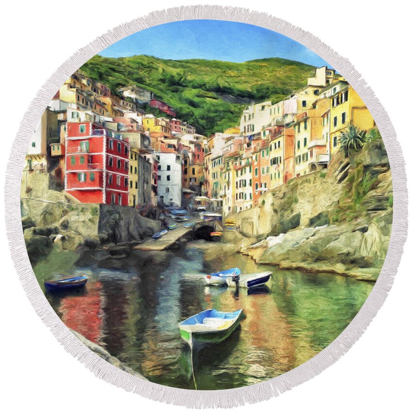 Italy Round Beach Towel featuring the painting The Harbor at Rio Maggiore by Dominic Piperata