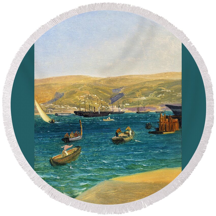 Thomas Ender Round Beach Towel featuring the painting The Harbour, Trieste by Thomas Ender