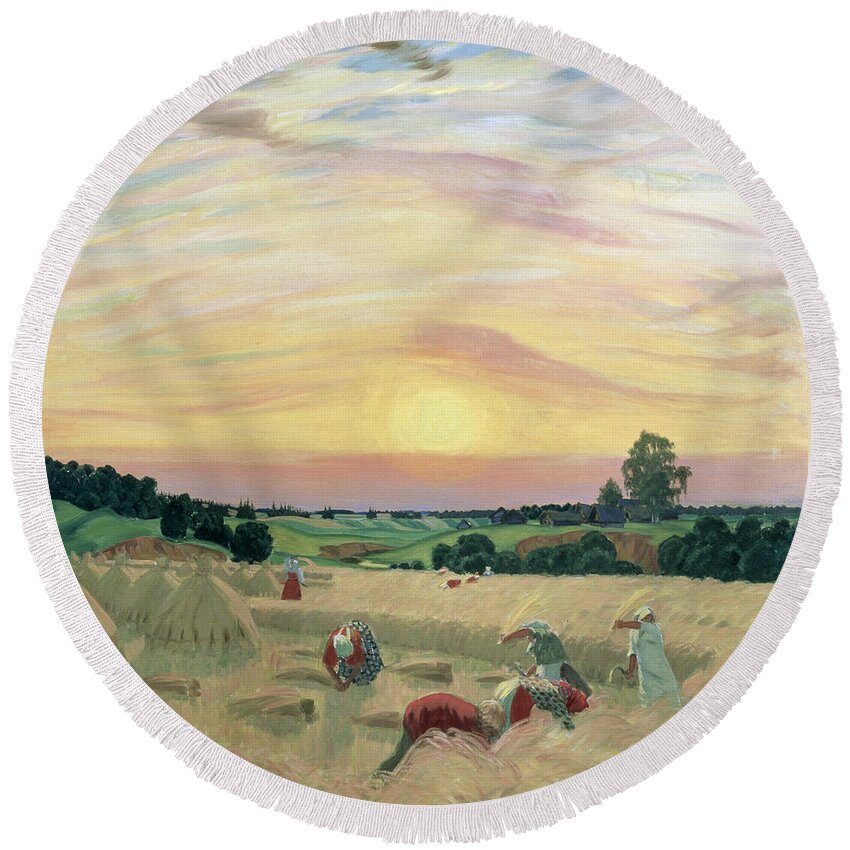 The Harvest Round Beach Towel featuring the painting The Harvest by Boris Kustodiev