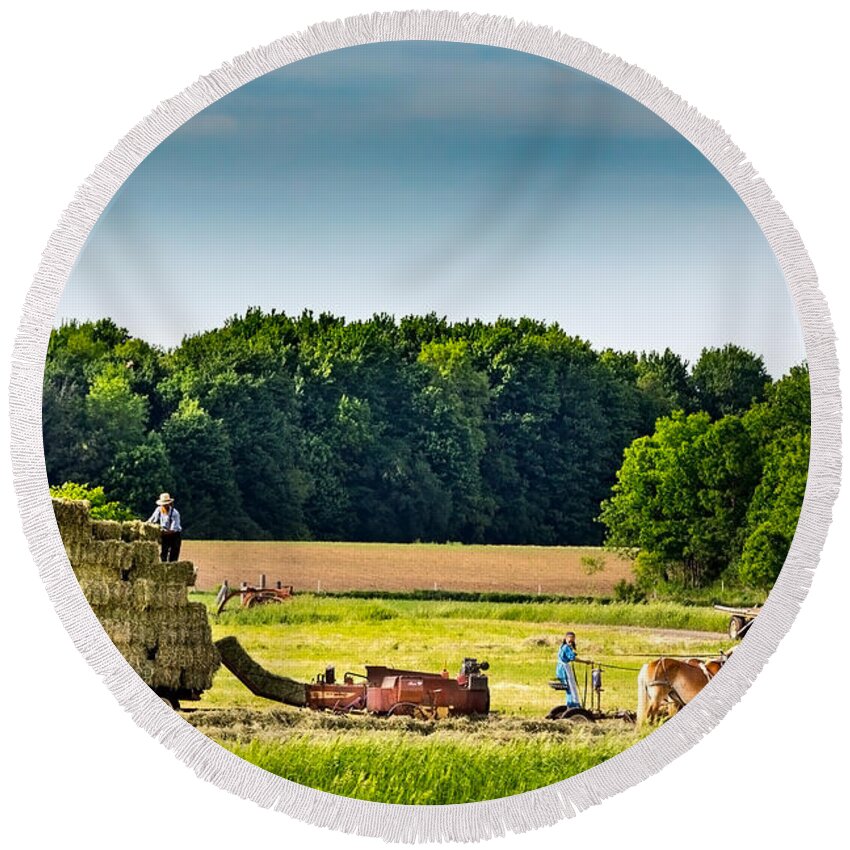 Mennonite Round Beach Towel featuring the photograph The Hay Bales by Brent Buchner