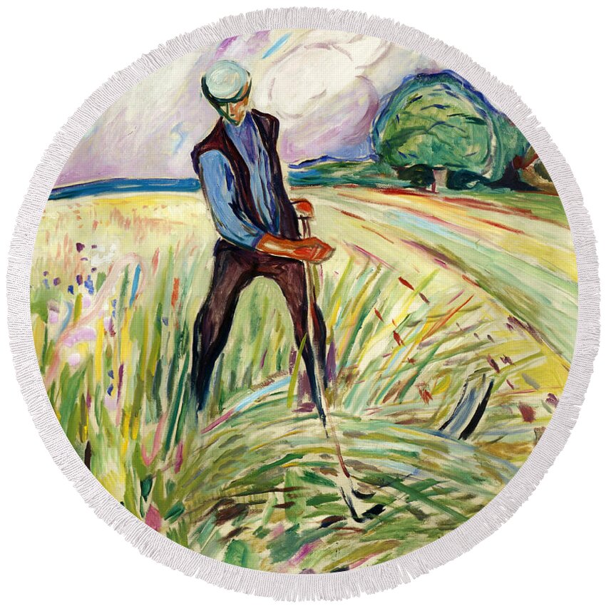 Edvard Munch Round Beach Towel featuring the painting The Haymaker by Edvard Munch