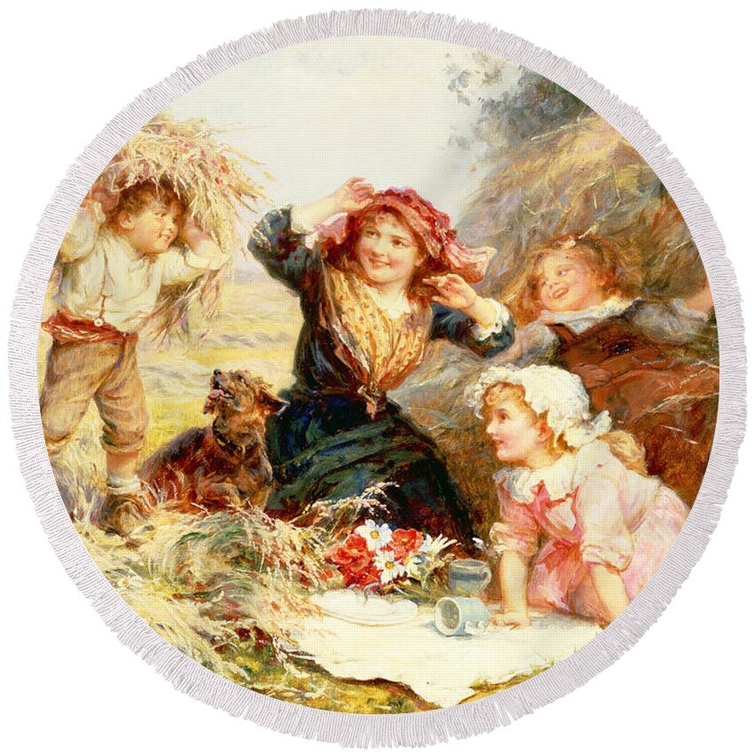 Quaint Round Beach Towel featuring the painting The Haymakers by Frederick Morgan