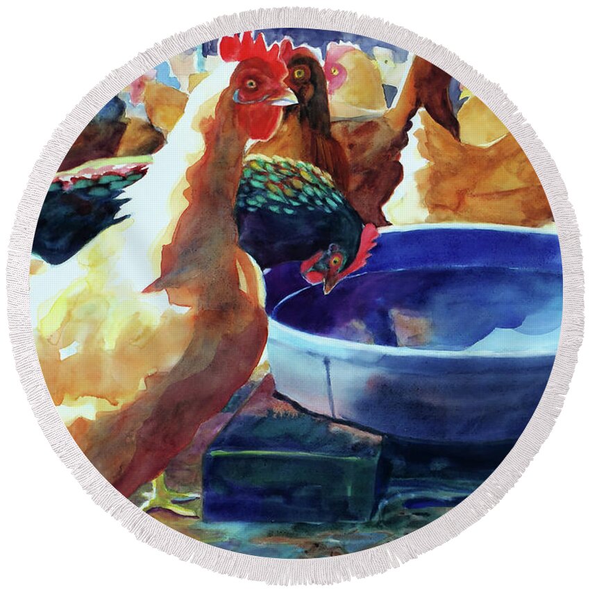 Paintings Round Beach Towel featuring the painting The Henhouse Watering Hole by Kathy Braud