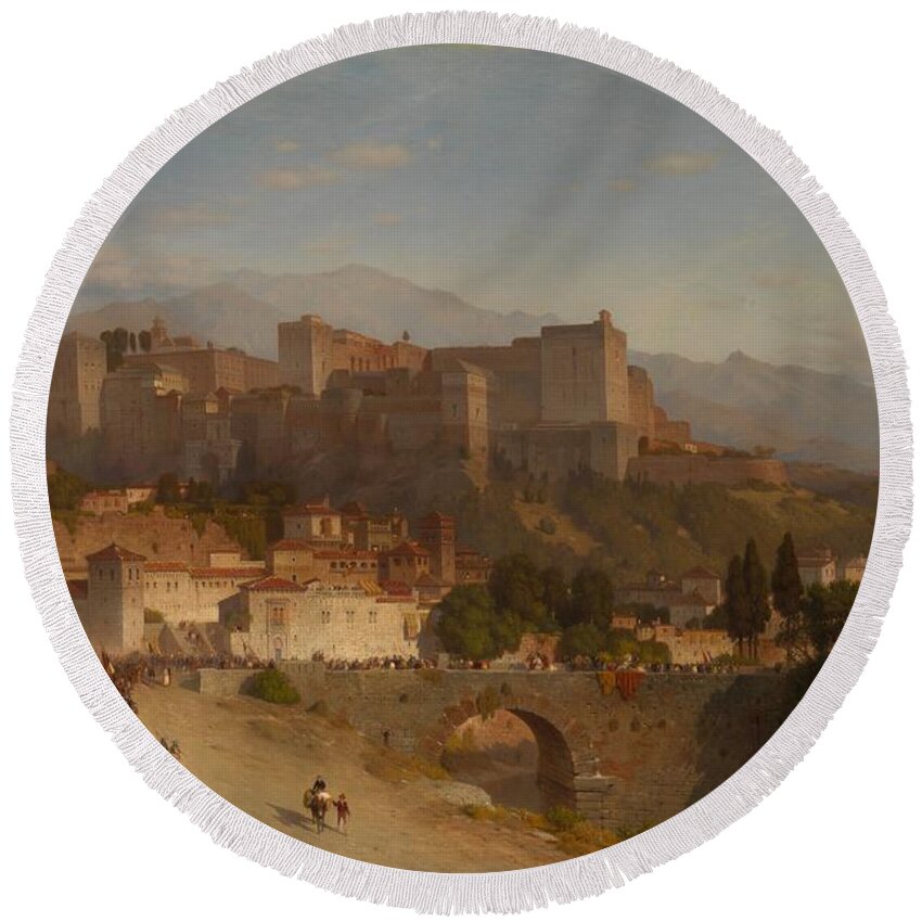 Samuel Colman - The Hill Of The Alhambra Round Beach Towel featuring the painting The Hill of the Alhambra Granada by MotionAge Designs