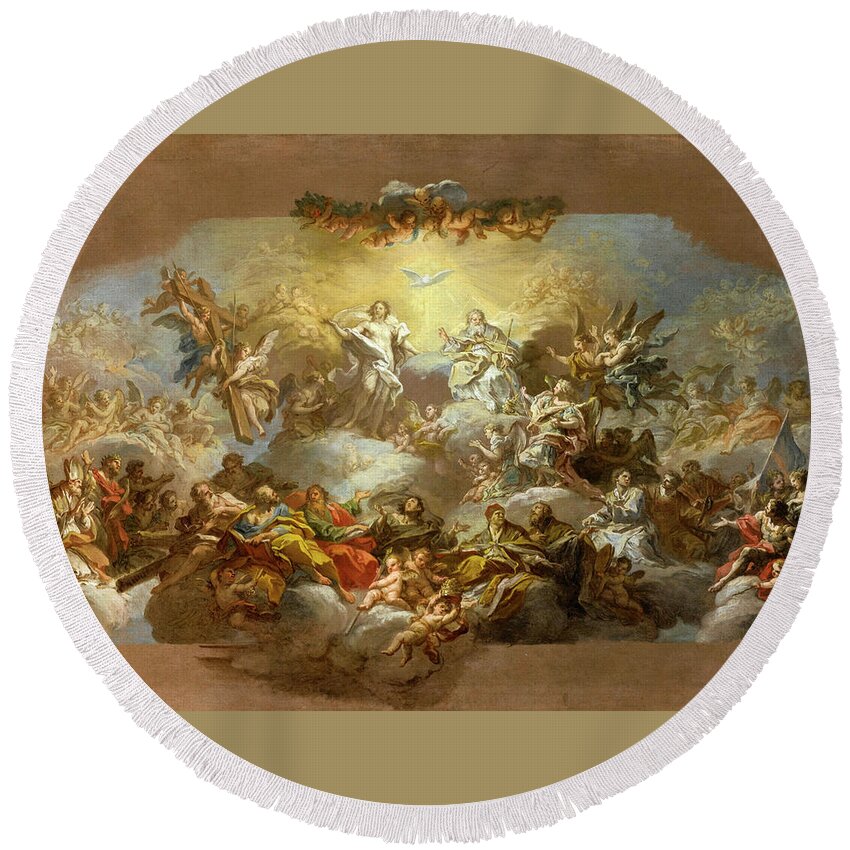 Sebastiano Conca Round Beach Towel featuring the painting The Holy Trinity and Saints in Glory by Sebastiano Conca