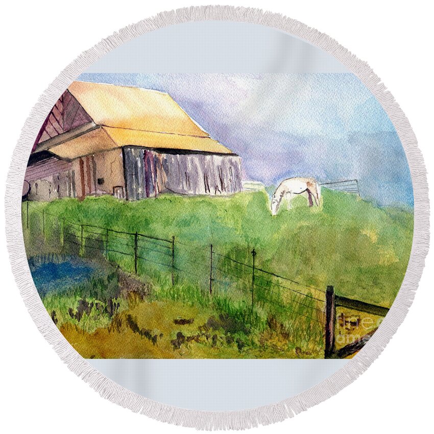 Horse Round Beach Towel featuring the painting The Horse Barn by Sandy McIntire