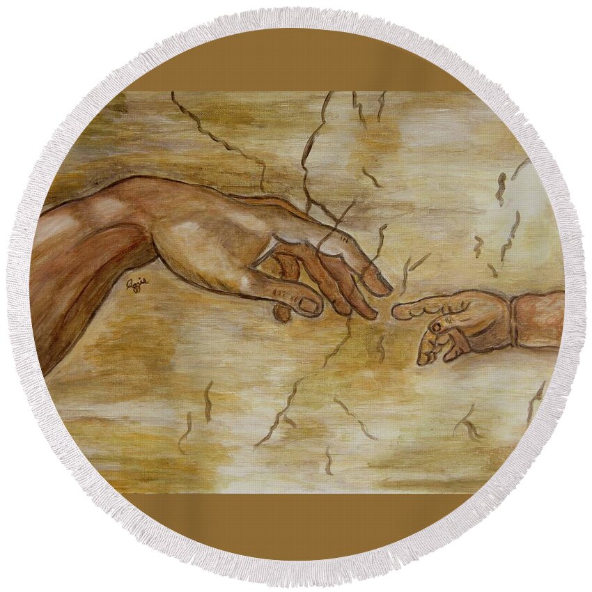 Michelangelo Round Beach Towel featuring the painting The Human Touch by Stephanie Agliano